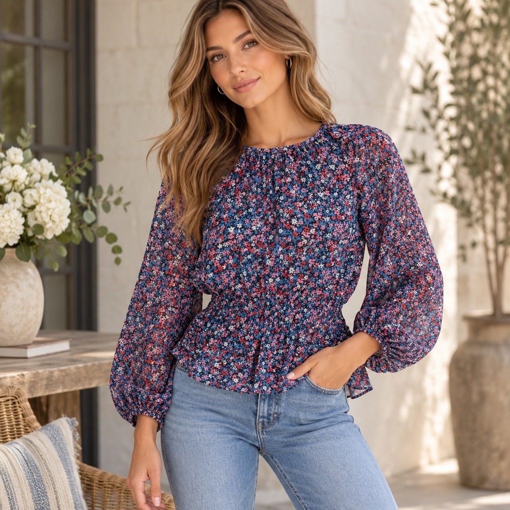 Draper‎ James Blouse Womens Medium Blue Floral Cottagecore Preppy Peplum